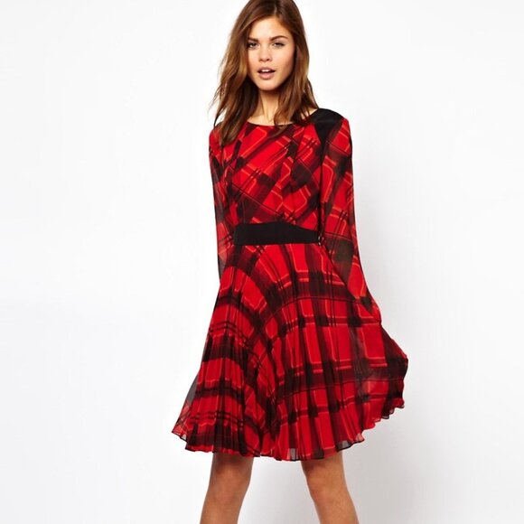 Karen Millen 100% Silk Check Print Fit & Flare Long Sleeve Dress - Size 4 - Picture 7 of 16